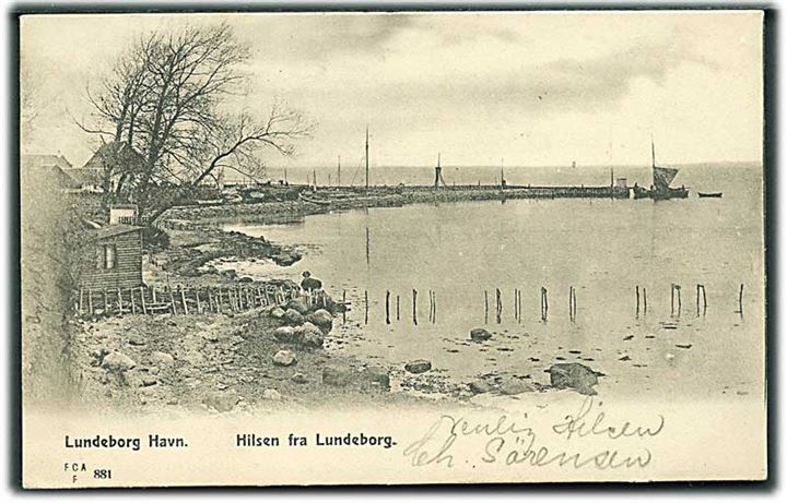 Hilsen fra Lundeborg med Havnen. F. C. A. F. no. 881. Frankeret med 5 øre Våben annulleret med stjernestempel LUNDEBORG sidestemplet Svendborg d. 27.3.1905