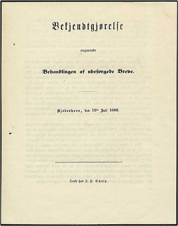 Bekendtgørelse angående ubesørgede brev fra København d. 15.7.1868.