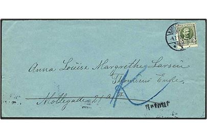 5 øre grøn Fr. VIII på lokalt brev fra Københavns Kriminal- og Politiret d. 4.7.1910. Ubekendt efter adressen og returneret.