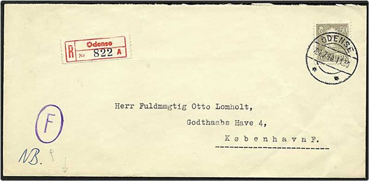 50 øre grå Chr. X singelfrankatur på Rec. brev fra Odense d. 24.7.1948 til København. Ovalt stempel med F og stempel med anmeldelser på bagsiden.
