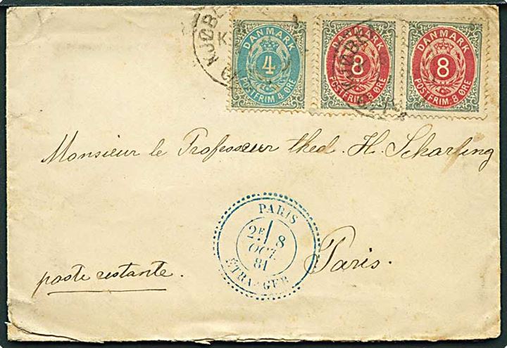 4 øre og 8 øre (par) Tofarvet på brev fra Kjøbenhavn d. 6.10.1881 til poste restante i Paris, Frankrig.