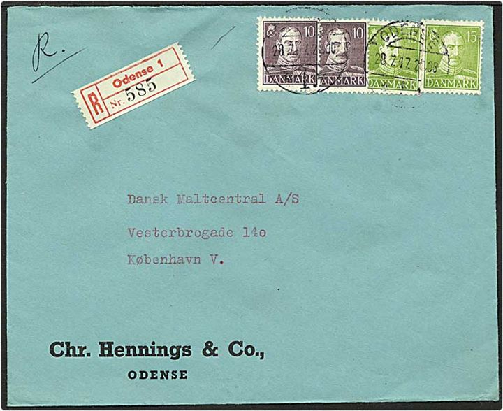10 øre violet og 15 øre grøn Chr. X på Rec. brev fra Odense d. 28.7.1947 til København.
