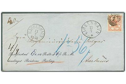 4 sk. Krone/Scepter på brev med postforskud annulleret med nr.stempel 1 og sidestemplet Kjøbenhavn d. 11.7.1866 og overnatningsstempel Kiøbenhavn d. 12.7.1866 til Aarhus.