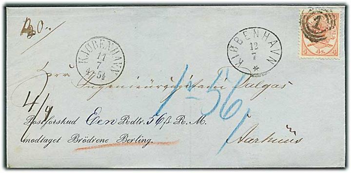 4 sk. Krone/Scepter på brev med postforskud annulleret med nr.stempel 1 og sidestemplet Kjøbenhavn d. 11.7.1866 og overnatningsstempel Kiøbenhavn d. 12.7.1866 til Aarhus.