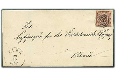 4 R.B.S. Thiele I på brev annulleret med stumt stempel og sidestemplet med 1½-ringstempel Ribe. d. 30.10.1852 til Odense.