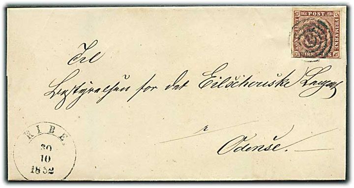 4 R.B.S. Thiele I på brev annulleret med stumt stempel og sidestemplet med 1½-ringstempel Ribe. d. 30.10.1852 til Odense.