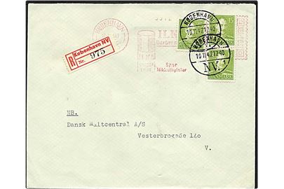 15 øre grøn Chr. X, 45 øre porto, på lokalt Rec. brev fra København d. 10.11.1947.