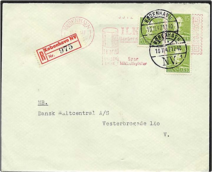 15 øre grøn Chr. X, 45 øre porto, på lokalt Rec. brev fra København d. 10.11.1947.