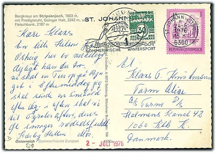 Østrigsk 4 s. på brevkort fra St. Johann d. 24.6.1976 til sømand ombord på M/S Torm Alice via rederiet Torm i København. Opfrankeret med 30 øre Bølgelinie med perfin Torm og eftersendt til skibet i lukket postsæk.