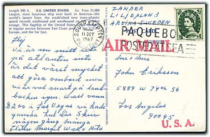 9d Elizabeth på luftpostbrevkort (S/S United States) annulleret med skibsstempel Southampton Paquebot / Paquebot Posted at Sea d. 11.10.1967 til Los Angeles, USA.