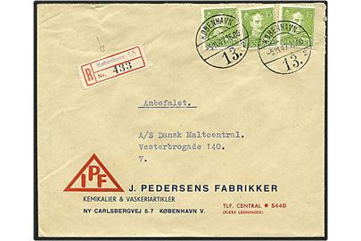 15 øre grøn Chr. X, 45 øre porto, på lokalt Rec. brev fra København d. 5.11.1947.