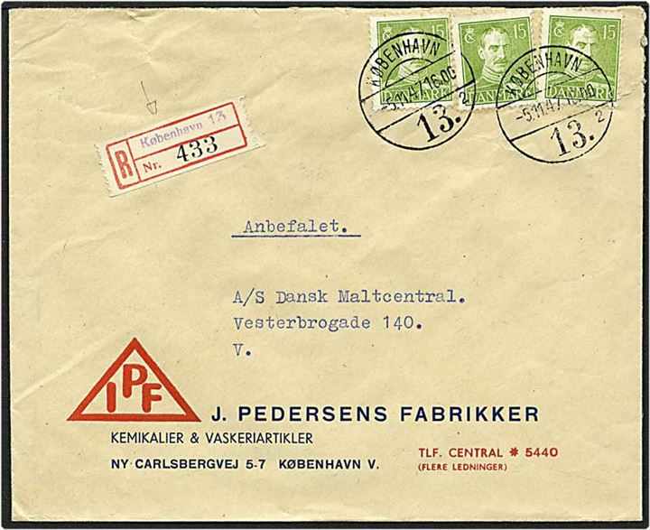 15 øre grøn Chr. X, 45 øre porto, på lokalt Rec. brev fra København d. 5.11.1947.