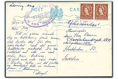 2d Elizabeth på brevkort (M/S Amazone) annulleret med svensk maskinstempel Stockholm d. 6.11.1961 til Stockholm, Sverige. Ovalt skibsbrev: Posted on the high seas * R.M.S. Amazone d. 31.10.1961.