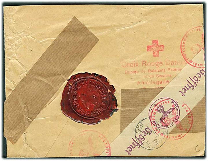5 øre Bølgelinie, 40 øre, 1 kr., 2 kr. og 5 kr. Chr. X på stort brevstykke fra brev fra Dansk Røde Kors i København d. 6.9.1944 til Int. Røde Kors i Genéve, Schweiz. Tysk censur.