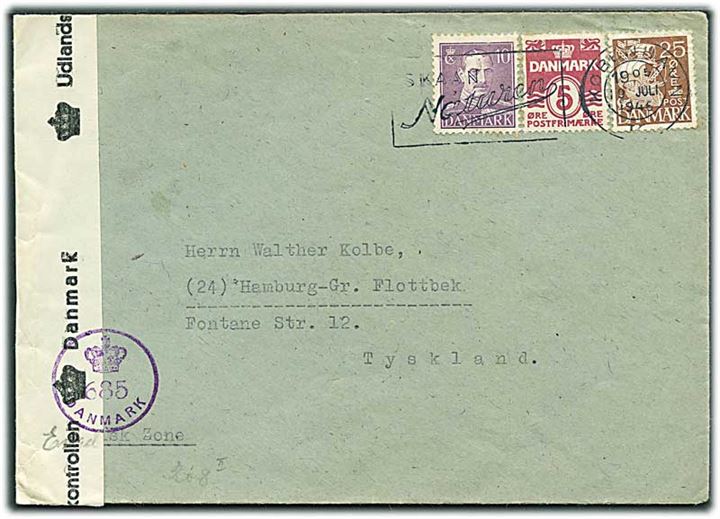 5 øre Bølgelinie, 10 øre Chr. X og 25 øre Karavel på brev fra København d. 19.7.1946til Hamburg, Tyskland. Åbnet af dansk efterkrigscensur (krone)/685/Danmark.