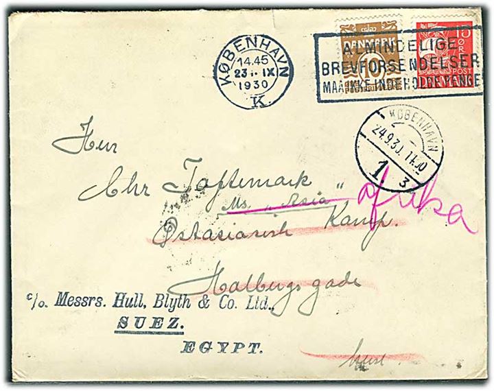 10 øre Bølgelinie og 15 øre Karavel på brev fra København d. 23.9.1930 til sømand ombord på M/S Asia via rederiet ØK i København - eftersendt til M/S Afrika i Suez, Egypten.