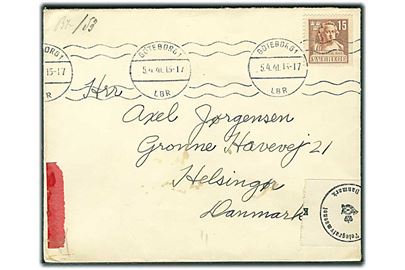 15 öre Segel på brev fra Göteborg d. 5.4.1941 til Helsingør, Danmark. Åbnet af dansk censur med rød rest efter etiket vedr. særlig censur.
