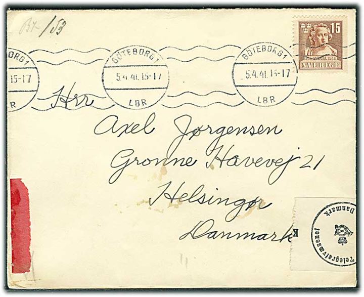 15 öre Segel på brev fra Göteborg d. 5.4.1941 til Helsingør, Danmark. Åbnet af dansk censur med rød rest efter etiket vedr. særlig censur.
