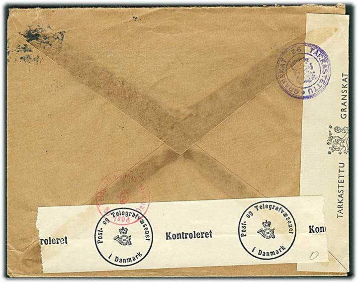 3½ mk. Løve på brev med svagt stempel d. 8.10.1943 til Tarm, Danmark. Åbnet af finsk og dansk censur med rest efter rød etiket vedr. særlig censur.