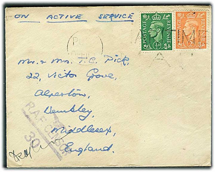 ½d og 2d George VI på OAS brev annulleret med skibsstempel Post Office / Maritime Mail til England. RAF Censor 30 - formodentlig fra Scotland.
