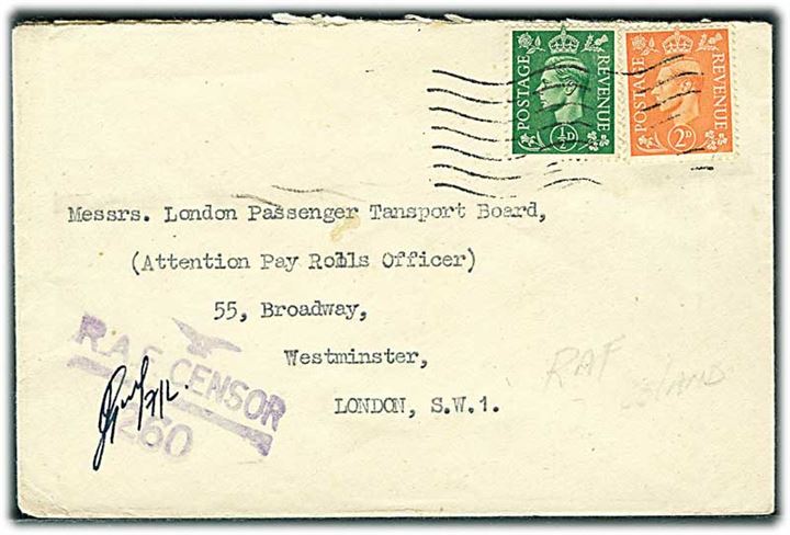 ½d og 2d George VI på brev annulleret med stumt maskinstempel til London. RAF censor 260 - antagelig fra Scotland.