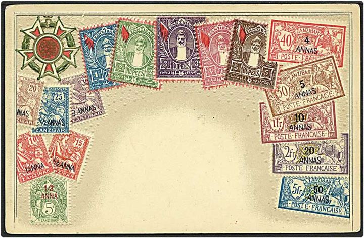 Postkort med frimærker fra Zabzibar. U/no.