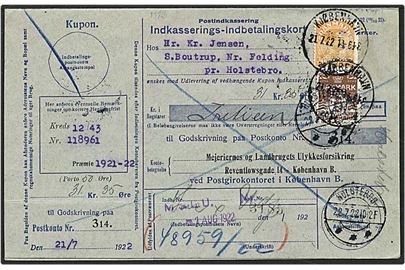 5 øre brun bølgelinie og 30 øre orange Chr. X på indbetalingskort fra København d. 21.7.1922 til Holstebro. Mærkerne med perfin M23 - Mejeriernes og Landbrugets Ulykkesforsikring.
