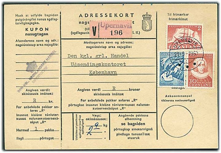 30 øre Hans Egede, 60 øre Havets Moder og 2 kr. Ishavsskib på adressekort for værdipakke fra Upernavik d. 21.9.1961 til KGH i København.