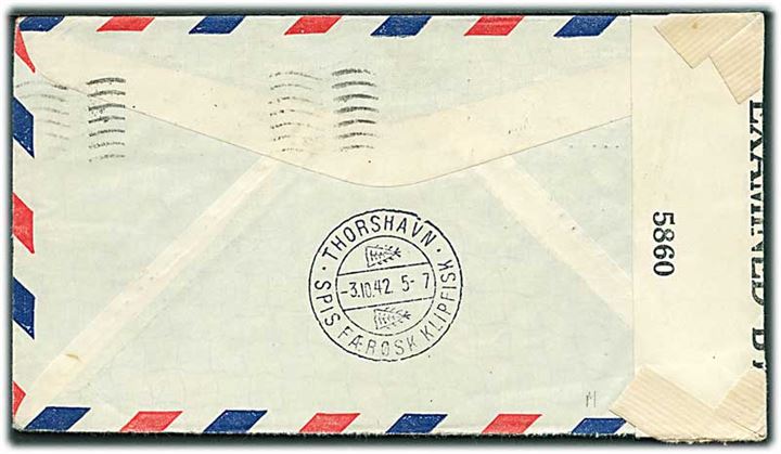 30 cents Roosevelt på luftpostbrev fra Sheboygan Falls d. 5.8.1942 til Thorshavn, Færøerne. Åbnet af amerikansk censur no. 5860. Ank.stemplet Thorshavn d. 3.10.1942.