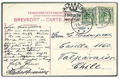 5 øre Fr. VIII i parstykke på brevkort fra Assens d. 3.8.1910 til Valparaiso, Chile. Interessant destination.