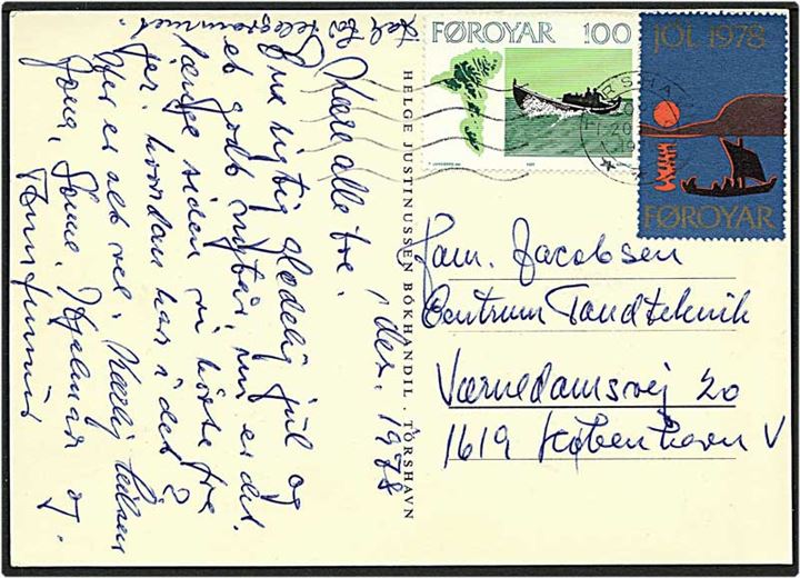 1 kr. grøn samt julemærke 1978 på postkort fra Torshavn d. 20.12.1978 til København.