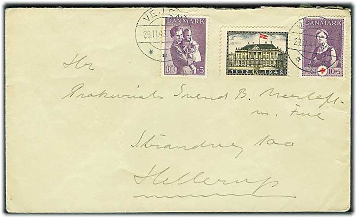 10+5 øre Børneforsorg og 10+5 øre Røde Kors, samt Chr. X mærkat på brev fra Vejen d. 29.11.1943 til Hellerup.