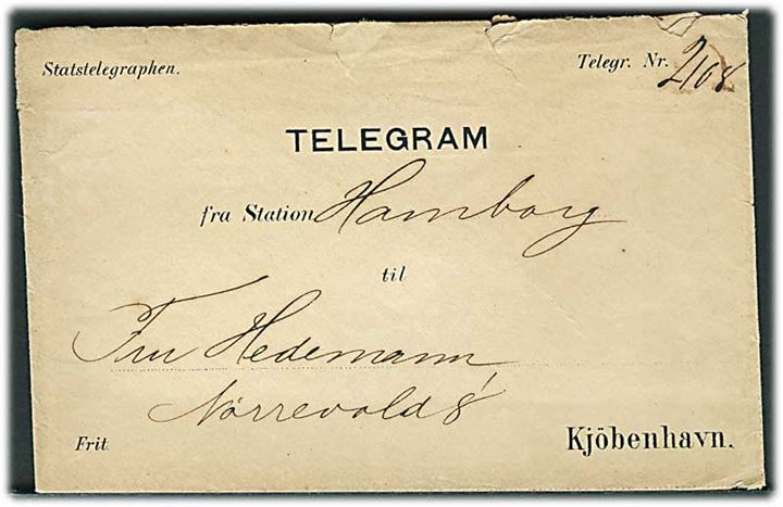 Statstelegraphen. Ufrankeret fortrykt Telegramkuvert med telegram fra Hamburg til København. På bagsiden stempel: Stats Telegraphen Station Kjøbenhavn.