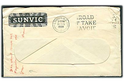 Britisk rudekuvert fra London d. 14.8.1939. Brevet beskadiget da British Airways Lockheed Electra G-AESY forulykkede i Storstrømmen d. 15.8.1939 på flyvning fra Hamburg til Stockholm.
