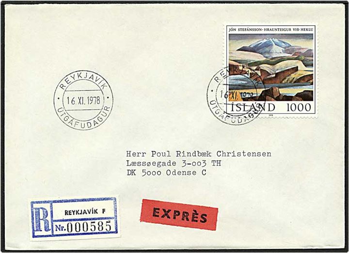 1000 kr. flerfarvet på Rec. expres brev fra Reykjavik, Island, d. 16.11.1978 til Odense.