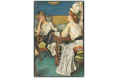 Oscar Bluhm: 2 kvinder sidder ved bordet og snakker. P. F. B., serie 217. 