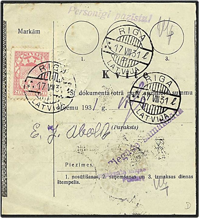 40 santimu på adressekort fra Stepeli, Letland, d. 14.8.1931 til Riga.