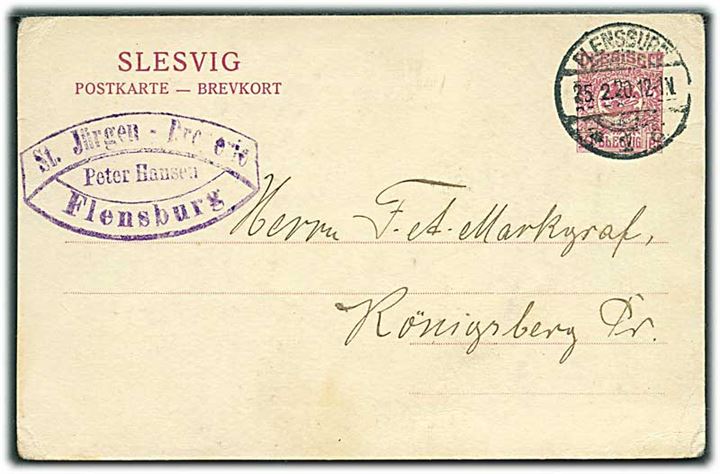 15 pfg. helsagsbrevkort fra Flensburg d. 25.2.1920 til Königsberg Pr. 