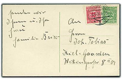 5 pfg. og 10 pfg. Fælles udg. på brevkort fra Flensburg d. 3.4.1920 til Kiel.