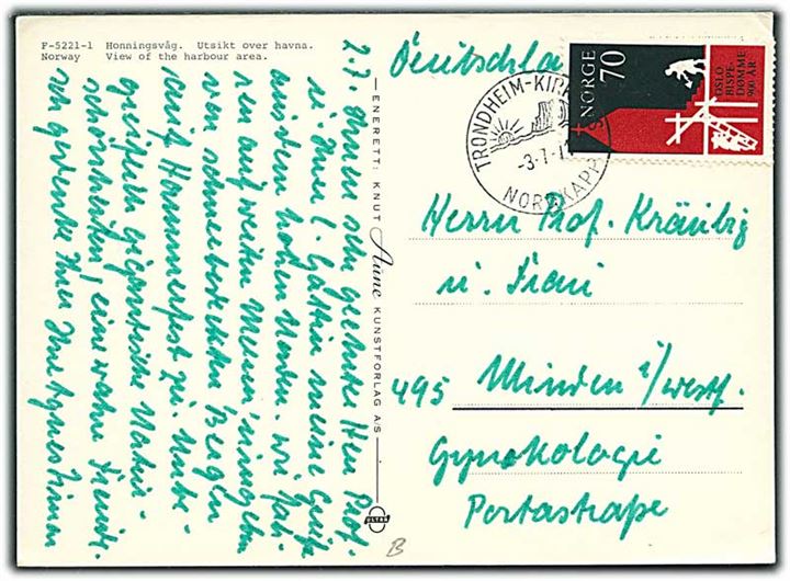 70 øre Oslo Bispedømme på brevkort fra Honningvåg annulleret med sejlende bureaustempel Trondheim - Kirkenes Nordkapp d. 3.7.1971 til Tyskland.