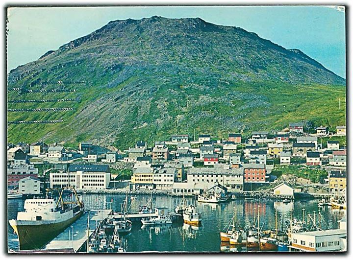 70 øre Oslo Bispedømme på brevkort fra Honningvåg annulleret med sejlende bureaustempel Trondheim - Kirkenes Nordkapp d. 3.7.1971 til Tyskland.