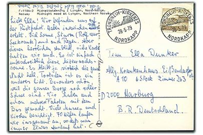 1,30 kr. på brevkort fra Nordkapp annulleret med sejlende bureaustempel Trondheim - Kirkenes Nordkapp d. 28.5.1979 til Harburg, Tyskland.