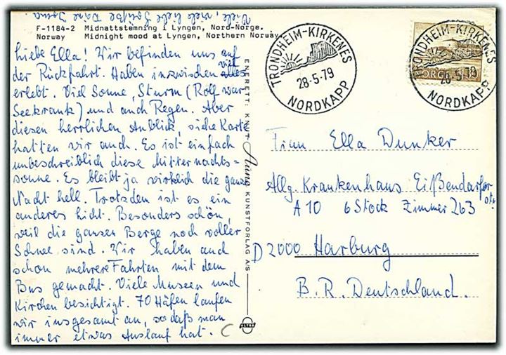1,30 kr. på brevkort fra Nordkapp annulleret med sejlende bureaustempel Trondheim - Kirkenes Nordkapp d. 28.5.1979 til Harburg, Tyskland.
