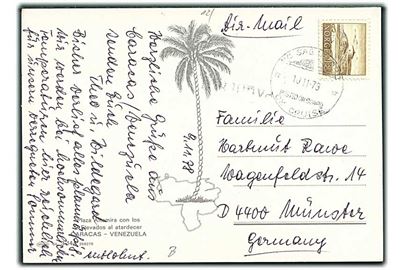 1,30 kr. på brevkort fra Caracas annulleret med skibsstempel M/S Sagafjord Posted onboard on Cruise d. 10.11.1978 og sidestemplet Paquebot til Münster, Tyskland.