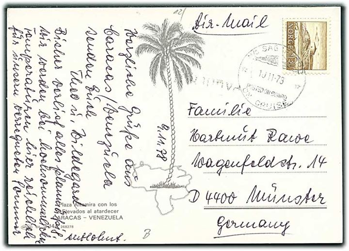 1,30 kr. på brevkort fra Caracas annulleret med skibsstempel M/S Sagafjord Posted onboard on Cruise d. 10.11.1978 og sidestemplet Paquebot til Münster, Tyskland.
