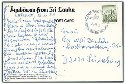 1,30 kr. på brevkort fra Sri Lanka annulleret med skibsstempel M/S Vistafjord Posted onboard on Cruise d. 22.11.1981 til Tyskland.