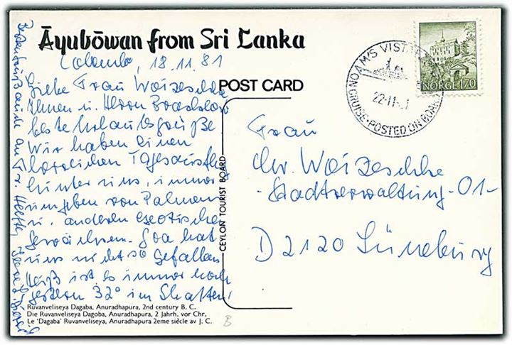 1,30 kr. på brevkort fra Sri Lanka annulleret med skibsstempel M/S Vistafjord Posted onboard on Cruise d. 22.11.1981 til Tyskland.