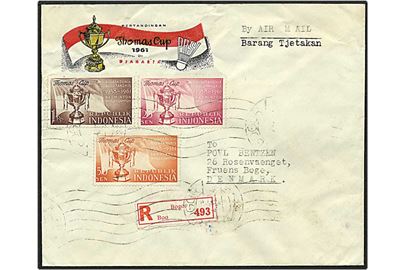 Rec. luftpost brev fra Bogor, Indonesien,6.4.1961 til Fruens Bøge. Motiv med badminton.