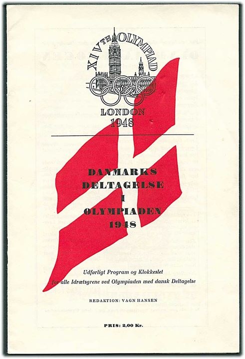 Danmarks deltagelse i Olympiaden 1948. Udførligt program for alle idrætsgrene ved Olympiaden med dansk Deltagelse. 16 sider.