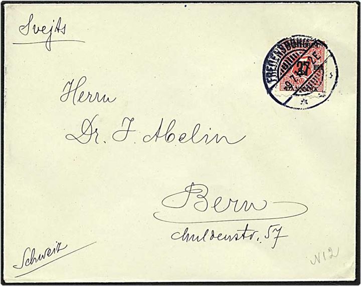 27/7 øre rød provisorie på brev fra Fredensborg d. 9.7.1918 til Bern, Schweiz.
